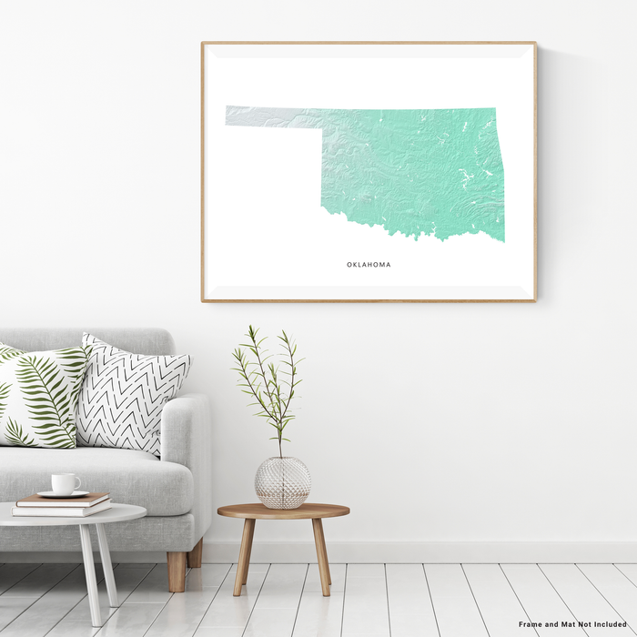 Oklahoma state map print with natural landscape in aqua tints designed by Maps As Art.