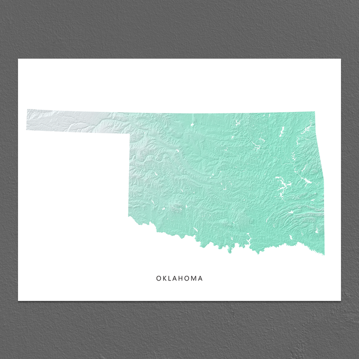 Oklahoma state map print with natural landscape in aqua tints designed by Maps As Art.