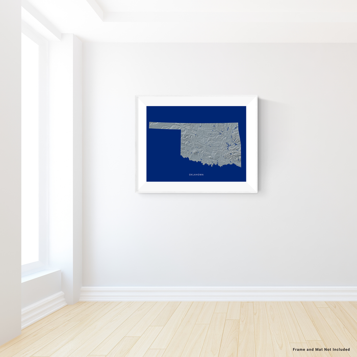 Oklahoma state map print with natural landscape in greyscale and a navy blue background designed by Maps As Art.