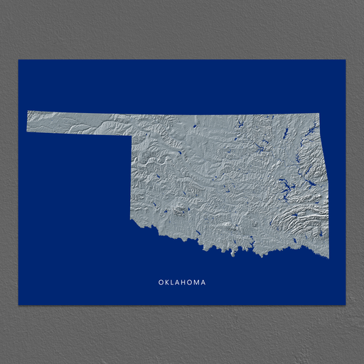 Oklahoma state map print with natural landscape in greyscale and a navy blue background designed by Maps As Art.