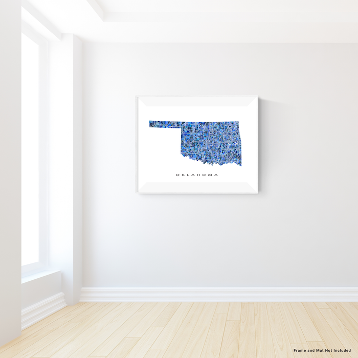 Oklahoma state map art print in blue shapes designed by Maps As Art.
