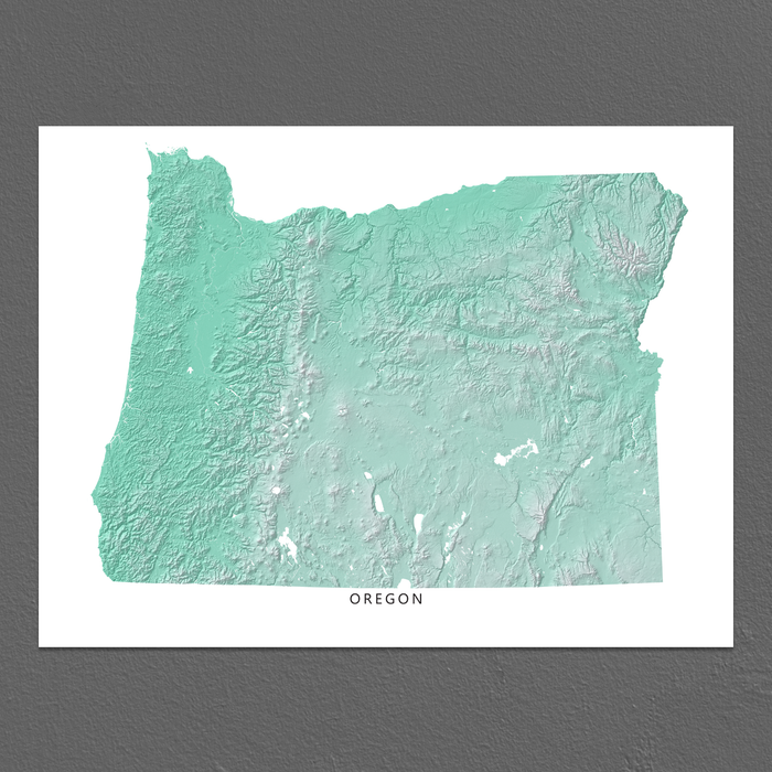 Oregon state map print with natural landscape in aqua tints designed by Maps As Art.