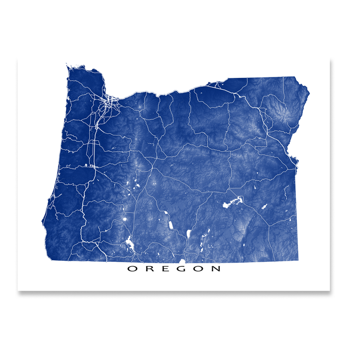 Oregon state map print with natural landscape and main roads in Navy designed by Maps As Art.