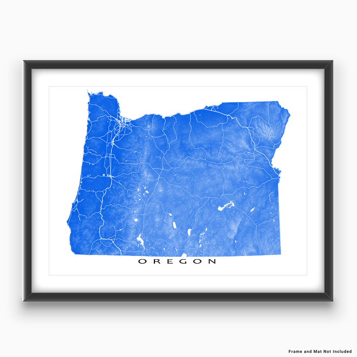 Oregon state map print with natural landscape and main roads in Blue designed by Maps As Art.
