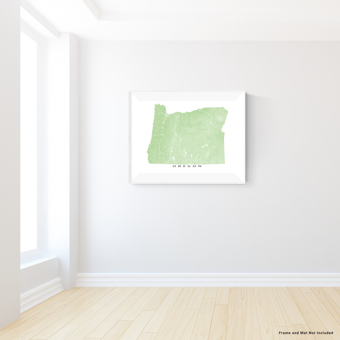 Oregon state map print with natural landscape and main roads in Sage designed by Maps As Art.