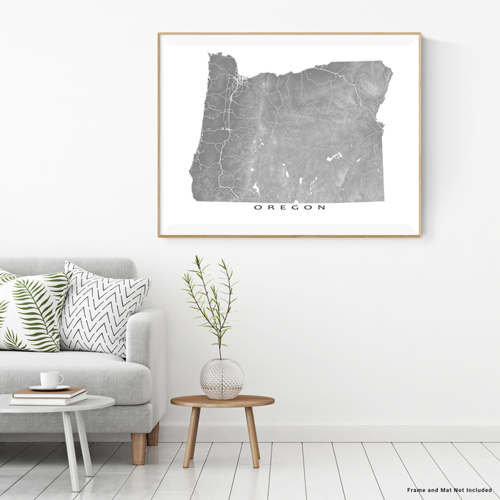 Oregon state map print with natural landscape and main roads in Grey designed by Maps As Art.