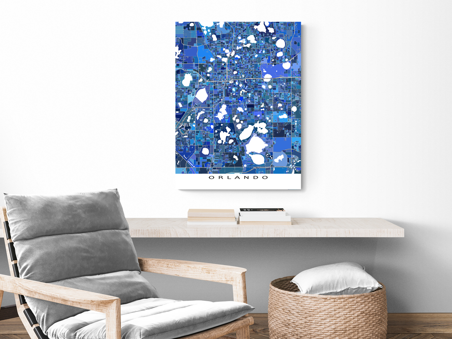 Orlando, Florida map art print in blue shapes designed by Maps As Art.
