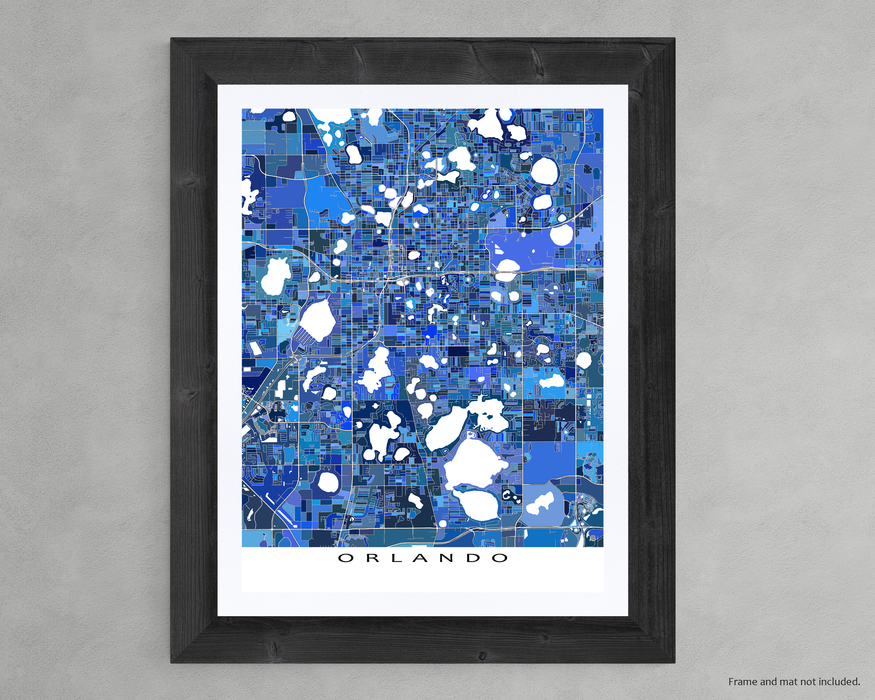 Orlando, Florida map art print in blue shapes designed by Maps As Art.