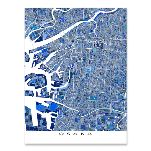 Osaka, Japan map art print in blue shapes designed by Maps As Art.