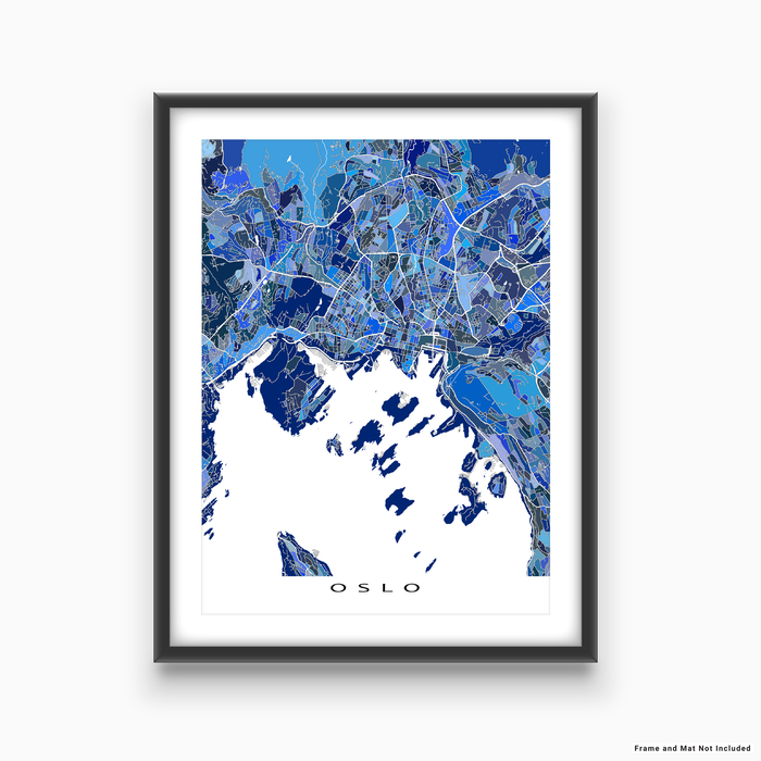 Oslo, Norway map art print in blue shapes designed by Maps As Art.