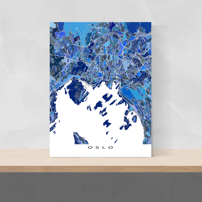 Oslo, Norway map art print in blue shapes designed by Maps As Art.