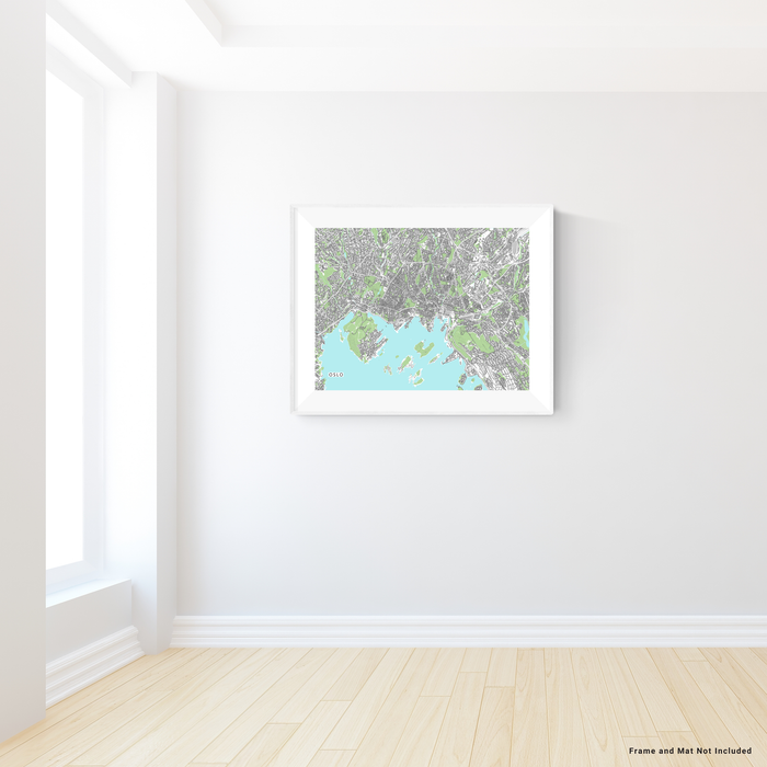Oslo, Norway map art print with city streets and buildings designed by Maps As Art.