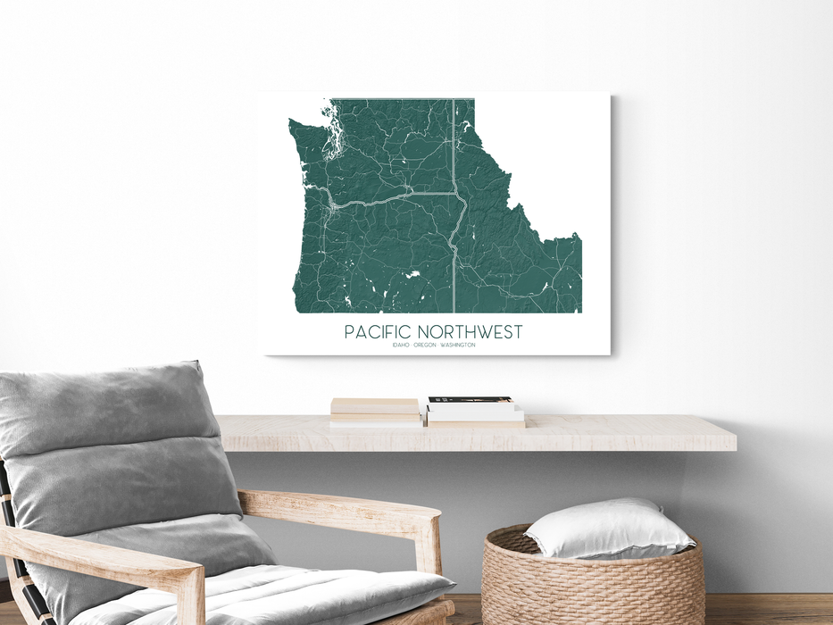 Pacific northwest map print with a topographic landscape design by Maps As Art.
