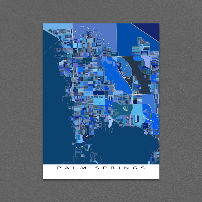 Palm Springs, California map art print in blue shapes designed by Maps As Art.