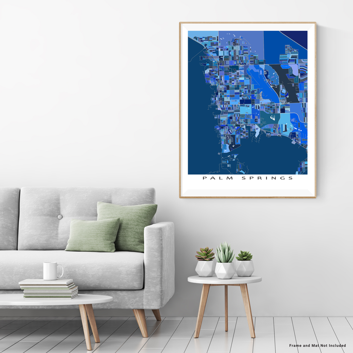 Palm Springs, California map art print in blue shapes designed by Maps As Art.