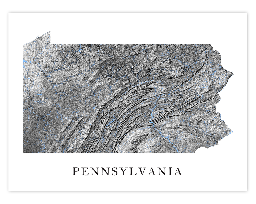 Pennsylvania Map Wall Art Print - Black and White Topographic PN State Poster Maps
