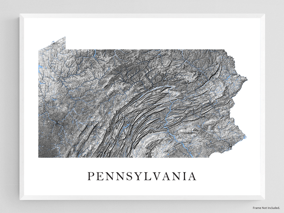 Pennsylvania state map print with a black and white topographic design by Maps As Art.