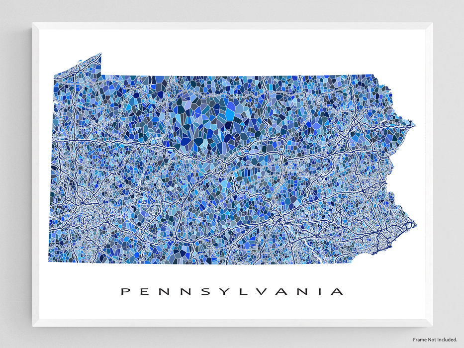 Pennsylvania state map art print in blue shapes designed by Maps As Art.