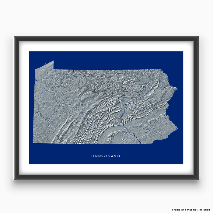 Pennsylvania state map print with natural landscape in greyscale and a navy blue background designed by Maps As Art.