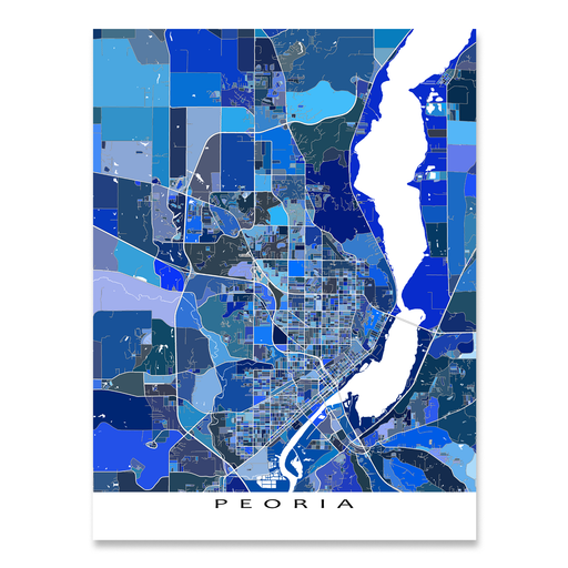 Peoria, Illinois map art print in blue shapes designed by Maps As Art.