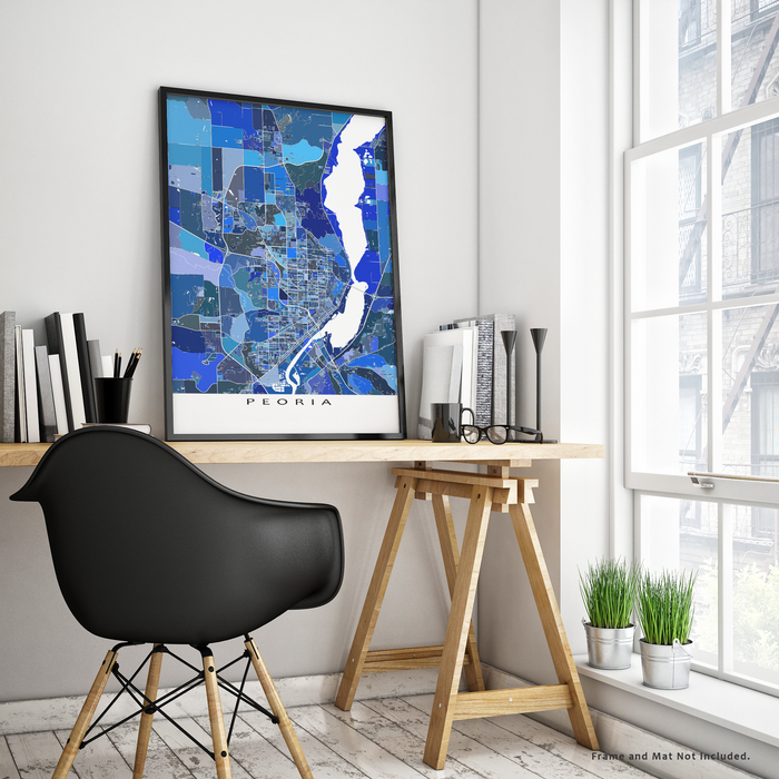Peoria, Illinois map art print in blue shapes designed by Maps As Art.