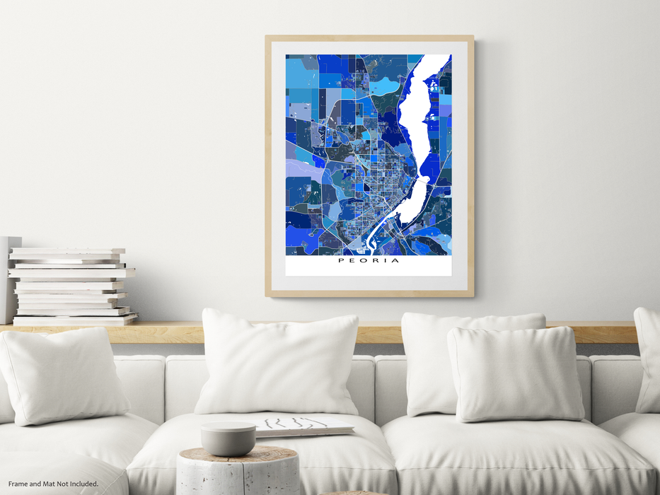 Peoria, Illinois map art print in blue shapes designed by Maps As Art.