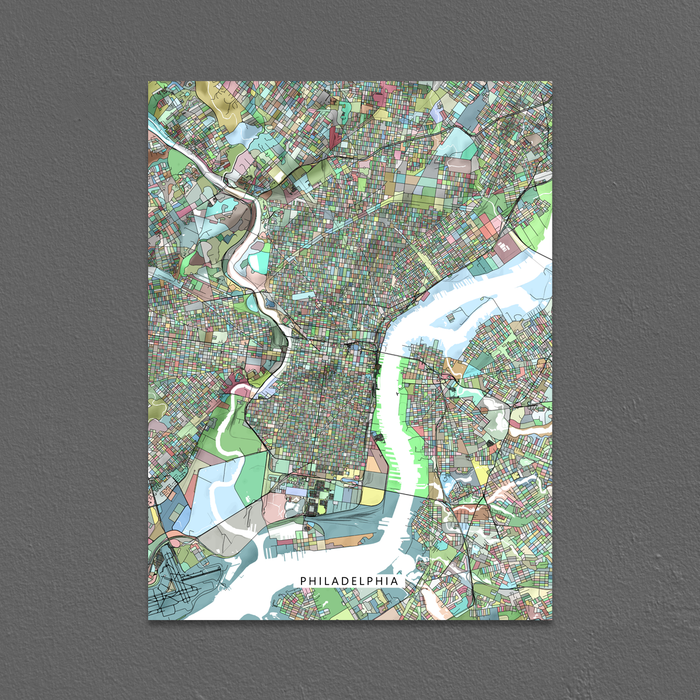 Philadelphia, Pennsylvania map art print in colorful shapes designed by Maps As Art.