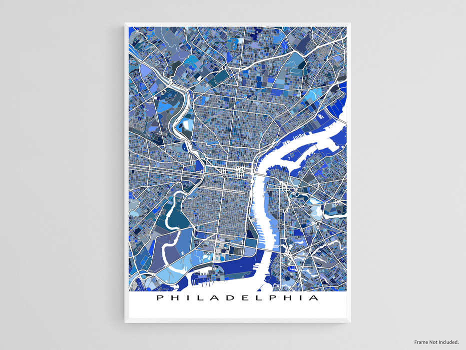 Philadelphia, Pennsylvania map art print in blue shapes designed by Maps As Art.