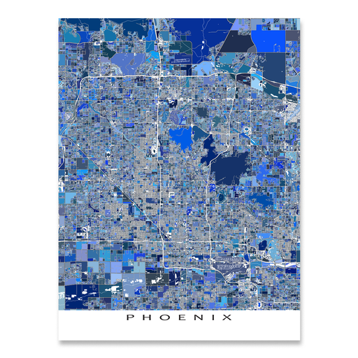 Phoenix, Arizona map art print in blue shapes designed by Maps As Art.