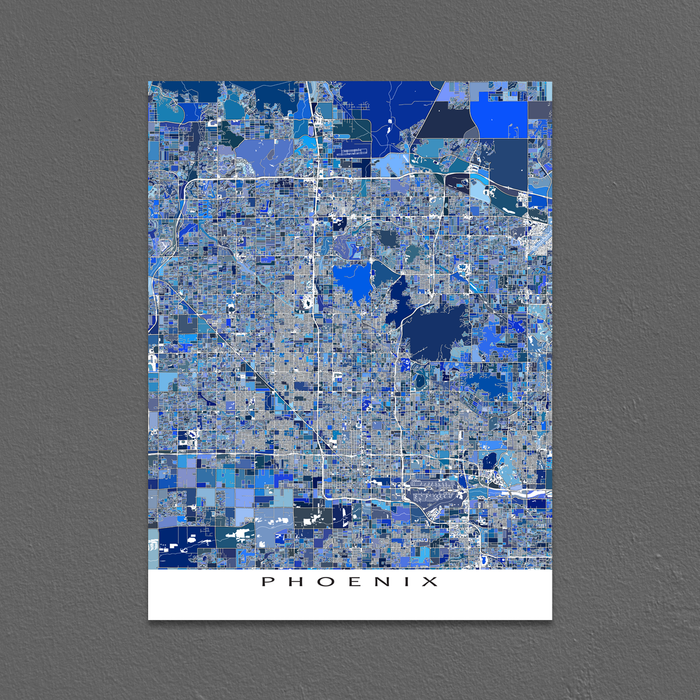 Phoenix, Arizona map art print in blue shapes designed by Maps As Art.