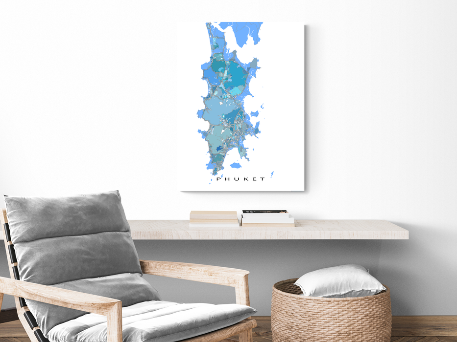 Phuket, Thailand map art print in light blue, aqua and turquoise shapes designed by Maps As Art.
