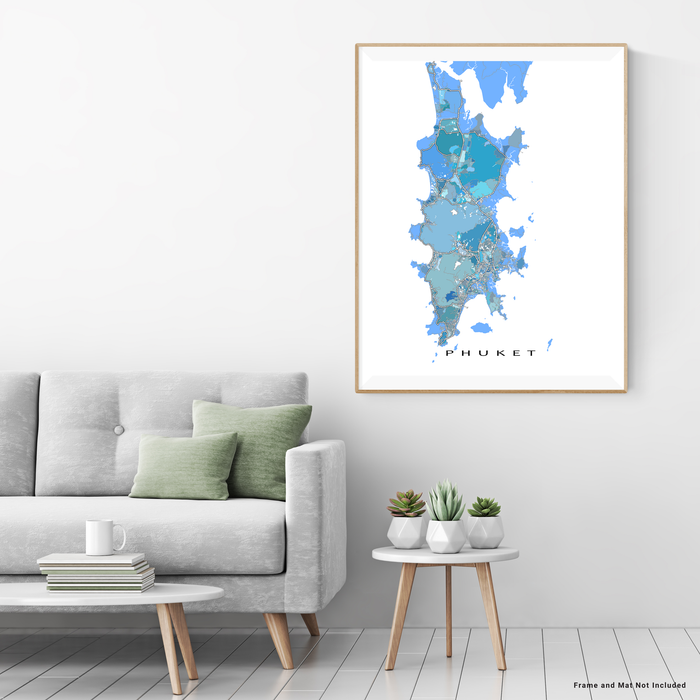 Phuket, Thailand map art print in light blue, aqua and turquoise shapes designed by Maps As Art.Phuket, Thailand map art print in light blue, aqua and turquoise shapes designed by Maps As Art.