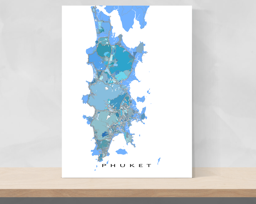 Phuket, Thailand map art print in light blue, aqua and turquoise shapes designed by Maps As Art.