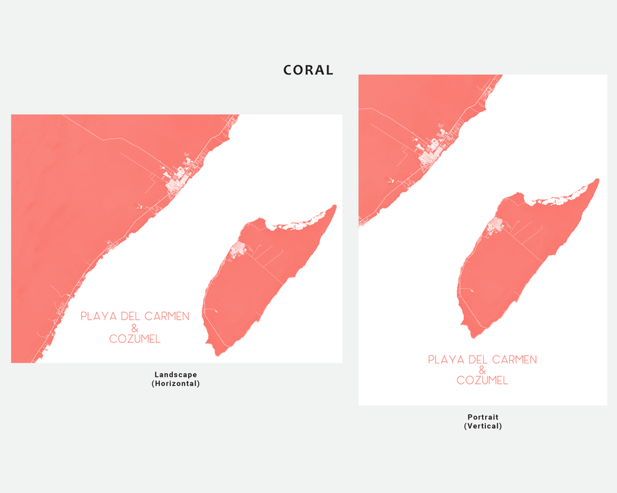 Playa Del Carmen and Cozumel map print in Coral by Maps As Art.