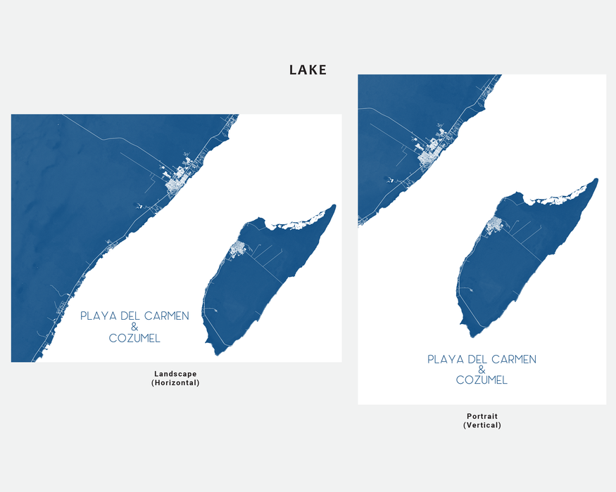 Playa Del Carmen and Cozumel map print in Lake by Maps As Art.