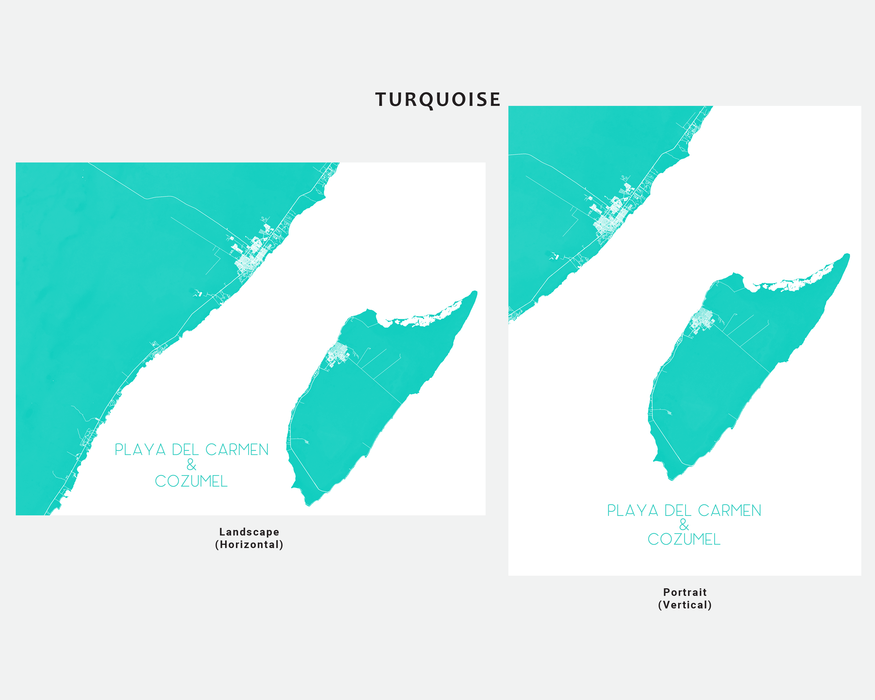 Playa Del Carmen and Cozumel map print in Turquoise by Maps As Art.