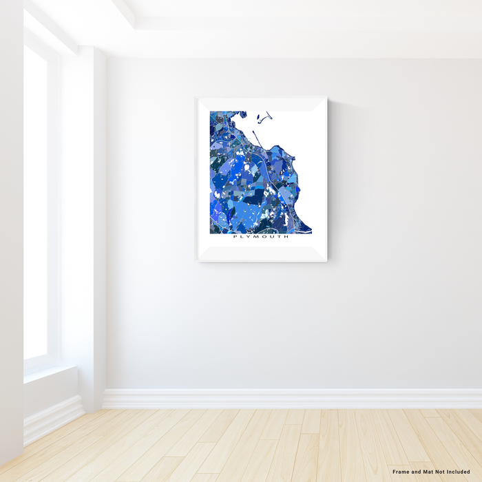 Plymouth, Massachusetts map art print in blue shapes designed by Maps As Art.