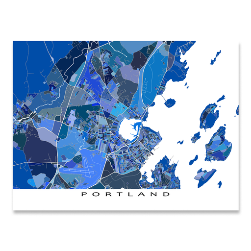 Portland, Maine map art print in blue shapes designed by Maps As Art.