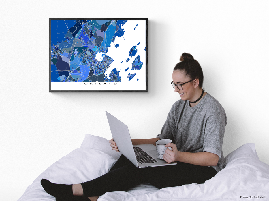 Portland, Maine map art print in blue shapes designed by Maps As Art.