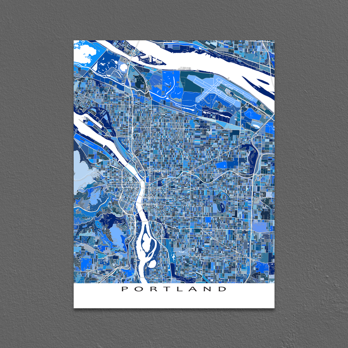 Portland, Oregon map art print in blue shapes designed by Maps As Art.