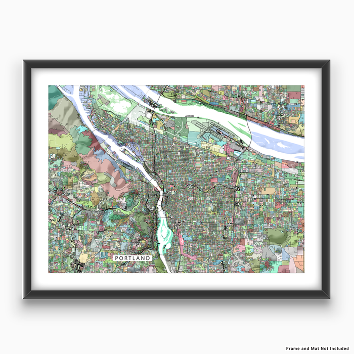 Portland, Oregon map art print in colorful shapes designed by Maps As Art.