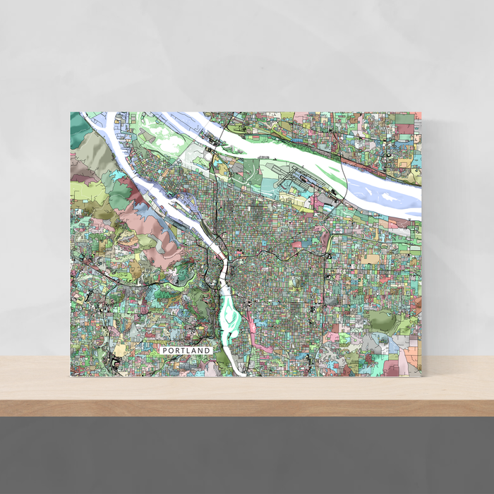 Portland, Oregon map art print in colorful shapes designed by Maps As Art.