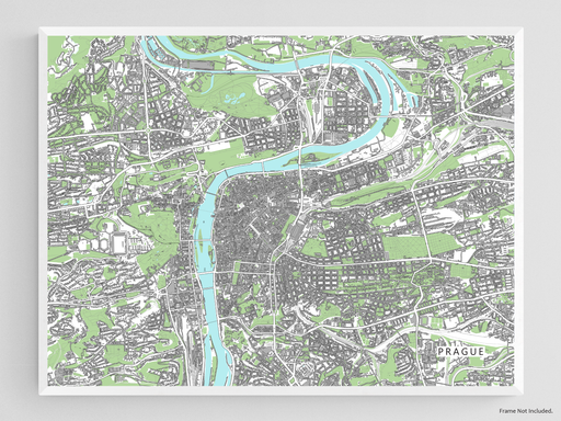 Pragu, Czech Republic map art print with city streets and buildings designed by Maps As Art.