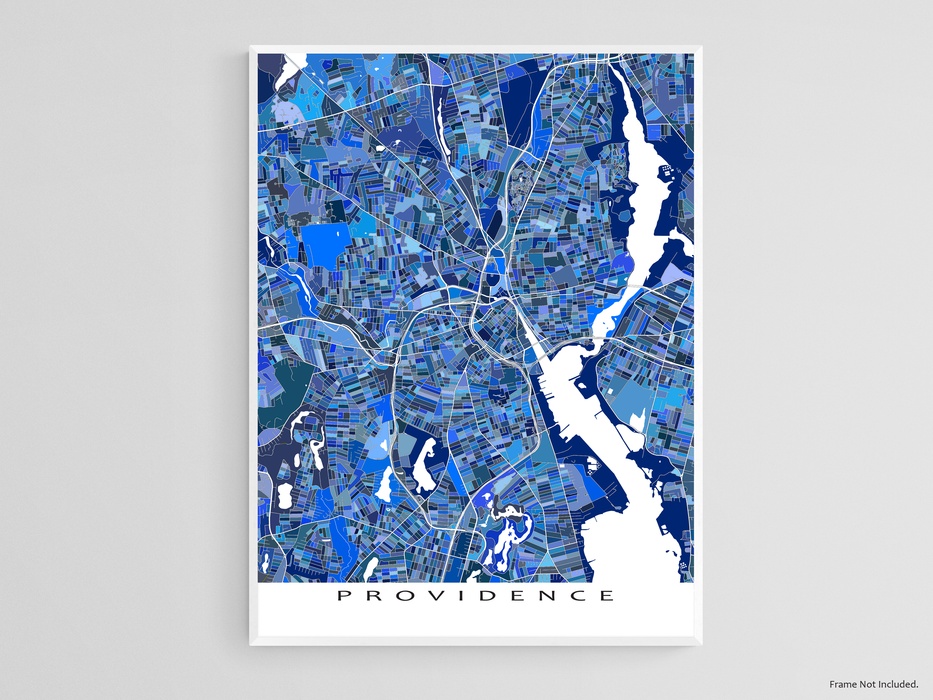 Providence, Rhode Island map art print in blue shapes designed by Maps As Art.