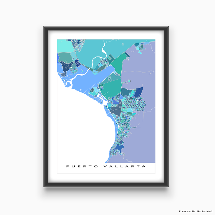 Puerto Vallarta, Mexico map art print in blue shapes designed by Maps As Art.