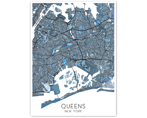 Queens, New York city map print with a denim blue geometric design by Maps As Art.