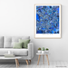Raleigh, North Carolina map art print in blue shapes designed by Maps As Art.