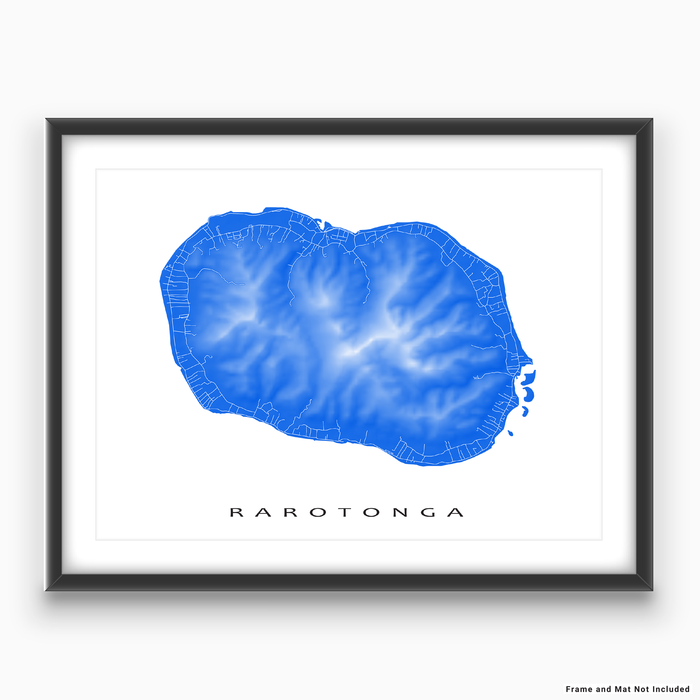 Rarotonga, Cook Islands map print with natural landscape and main roads in Blue designed by Maps As Art.