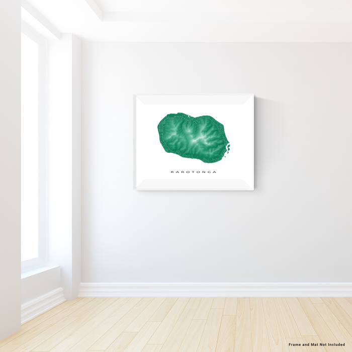 Rarotonga, Cook Islands map print with natural landscape and main roads in Green designed by Maps As Art.