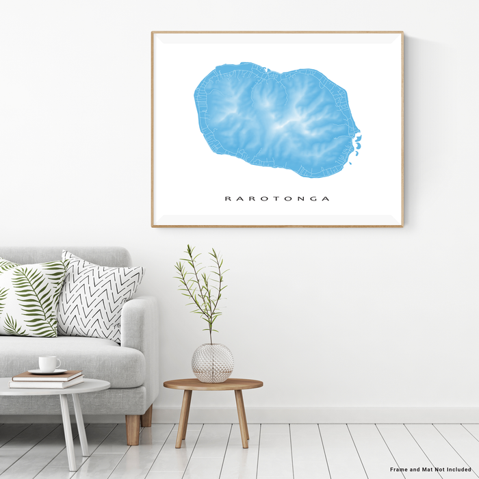 Rarotonga, Cook Islands map print with natural landscape and main roads in Malibu designed by Maps As Art.